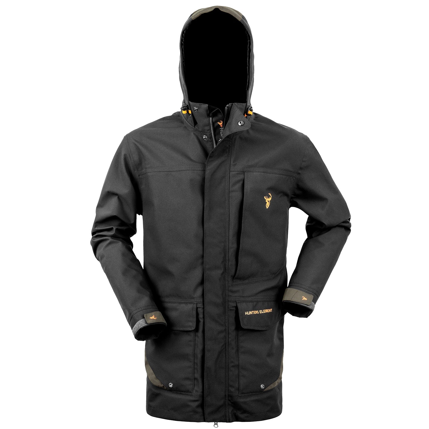 A green and black Downpour Elite Jacket with a hood, featuring large lower billowed pockets and a concealed chest pocket.