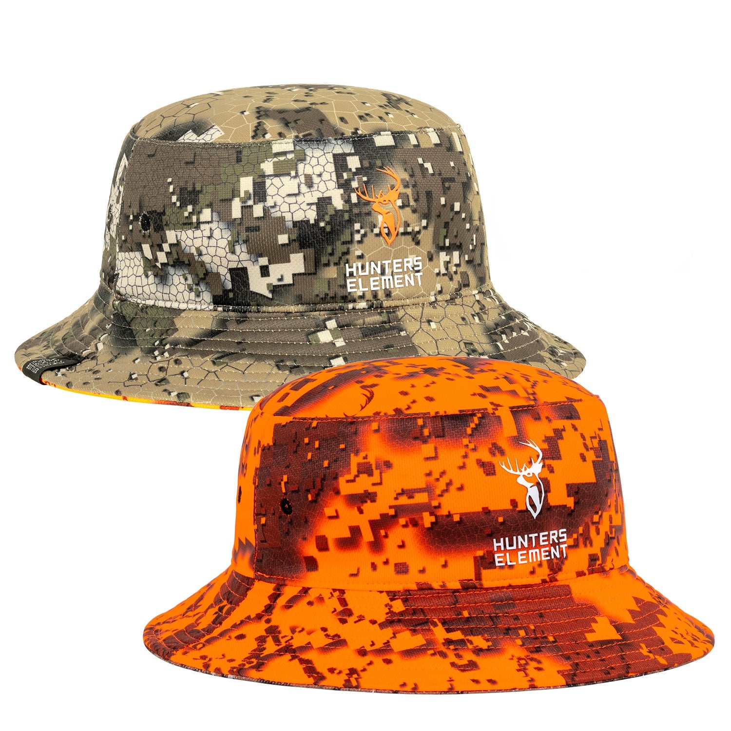 A reversible bucket hat with one side featuring a camouflage pattern and the other side showcasing an orange speckled design, both sides with the Hunters Element logo.