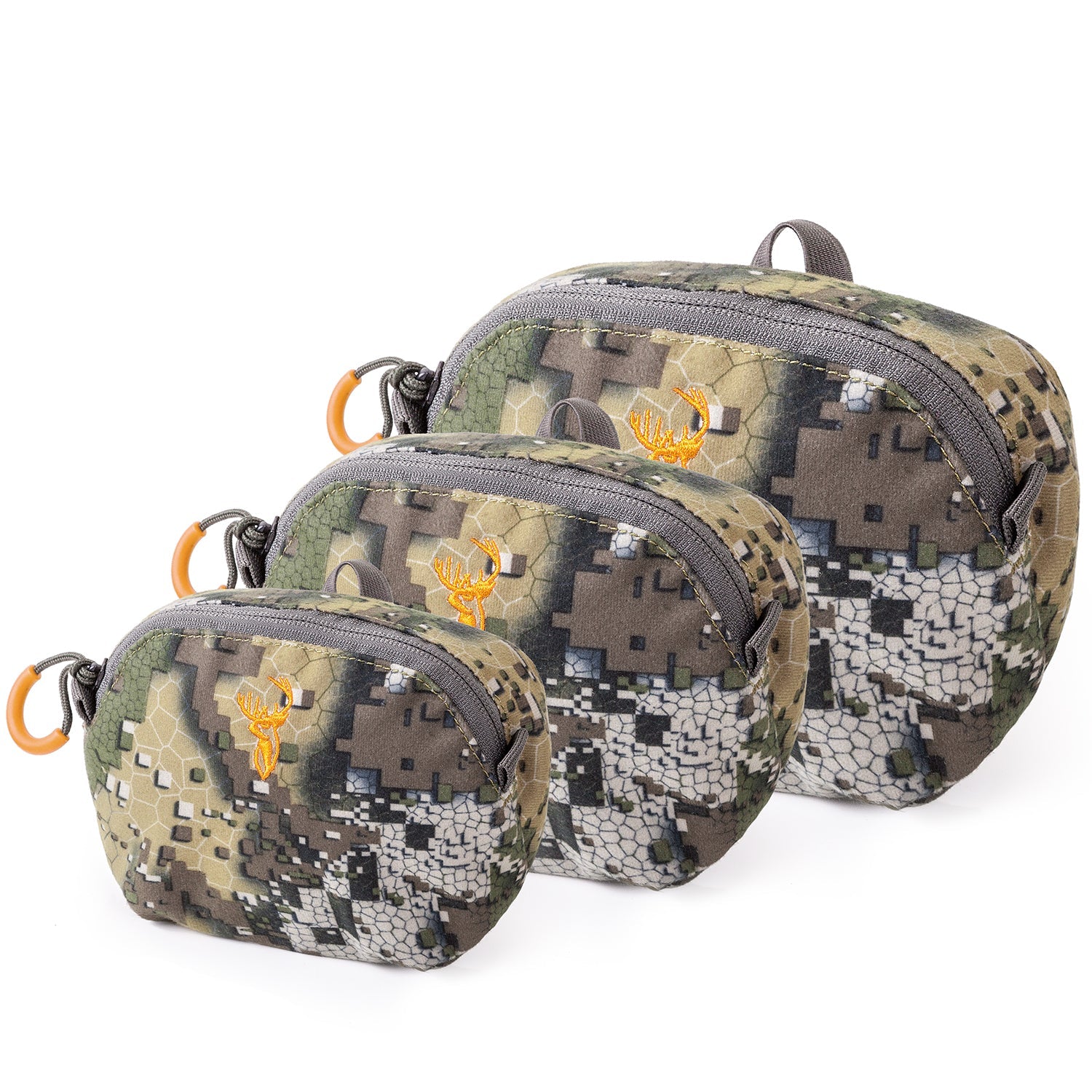 Three camouflaged Edge pouches in different sizes with zipper closures and orange belt attachments.
