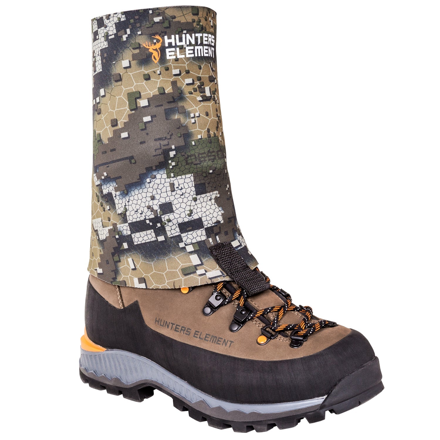 A pair of camouflage patterned gravel guards designed to cover the upper part of boots, with the brand 'HUNTERS ELEMENT' visible.