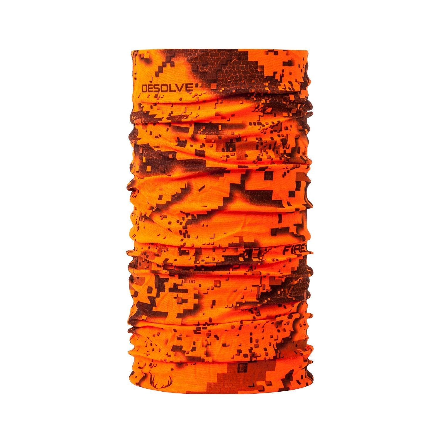 A neck gaiter with camouflage pattern Desolve Fire orange for hunting safety