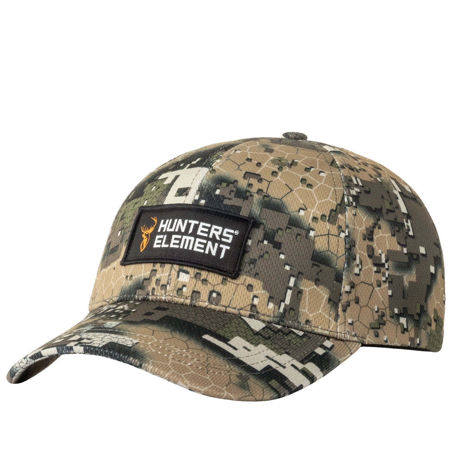 A camouflage cap with a snapback closure featuring the 'Hunters Element' logo on the front.