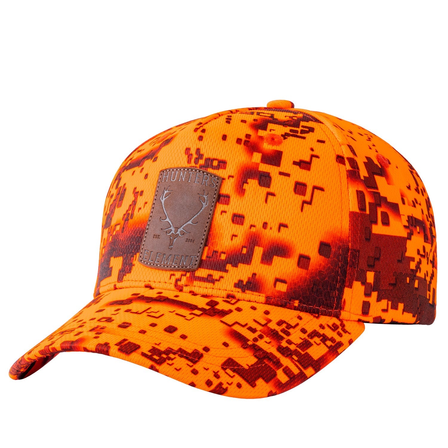 A camouflage cap with a custom embossed leather badge on the front.