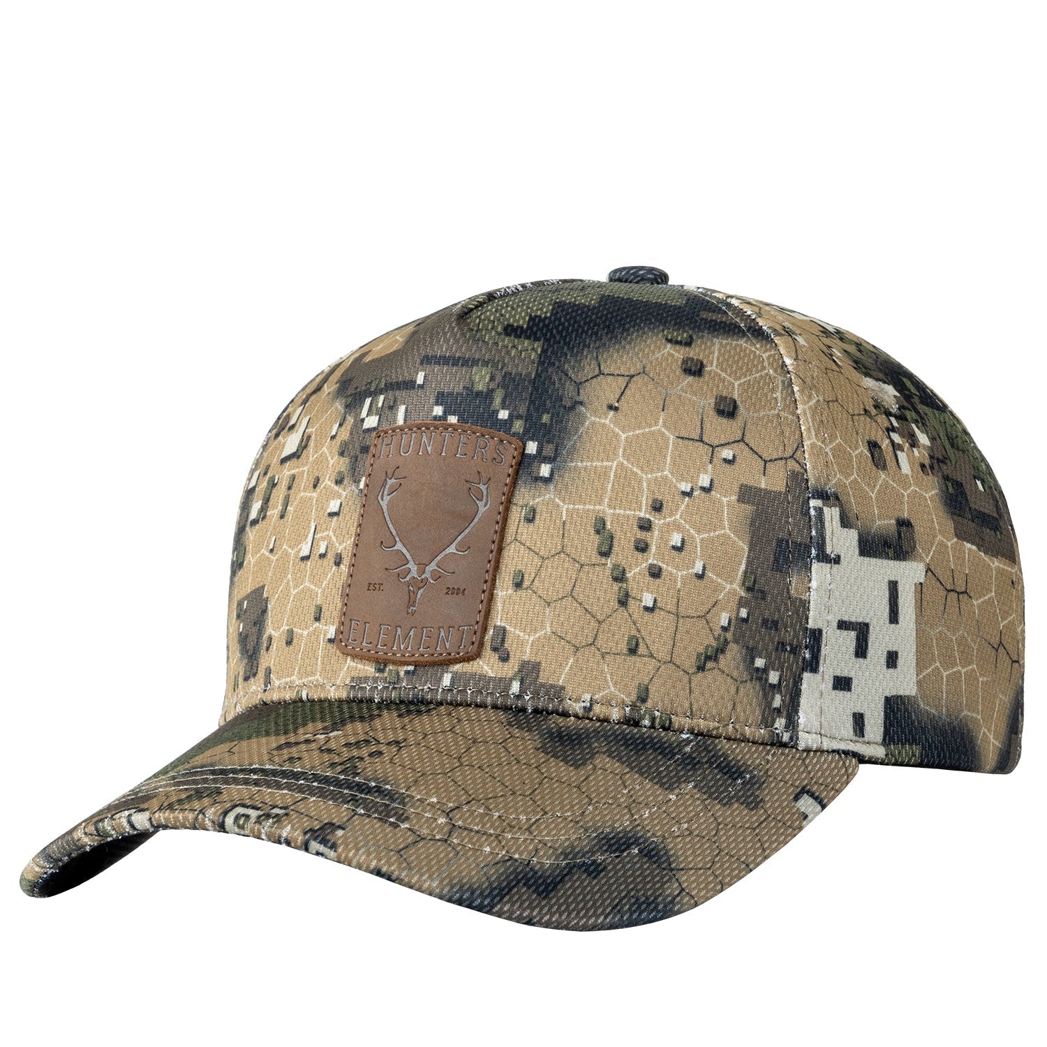 A camouflage cap with a custom embossed leather badge on the front.
