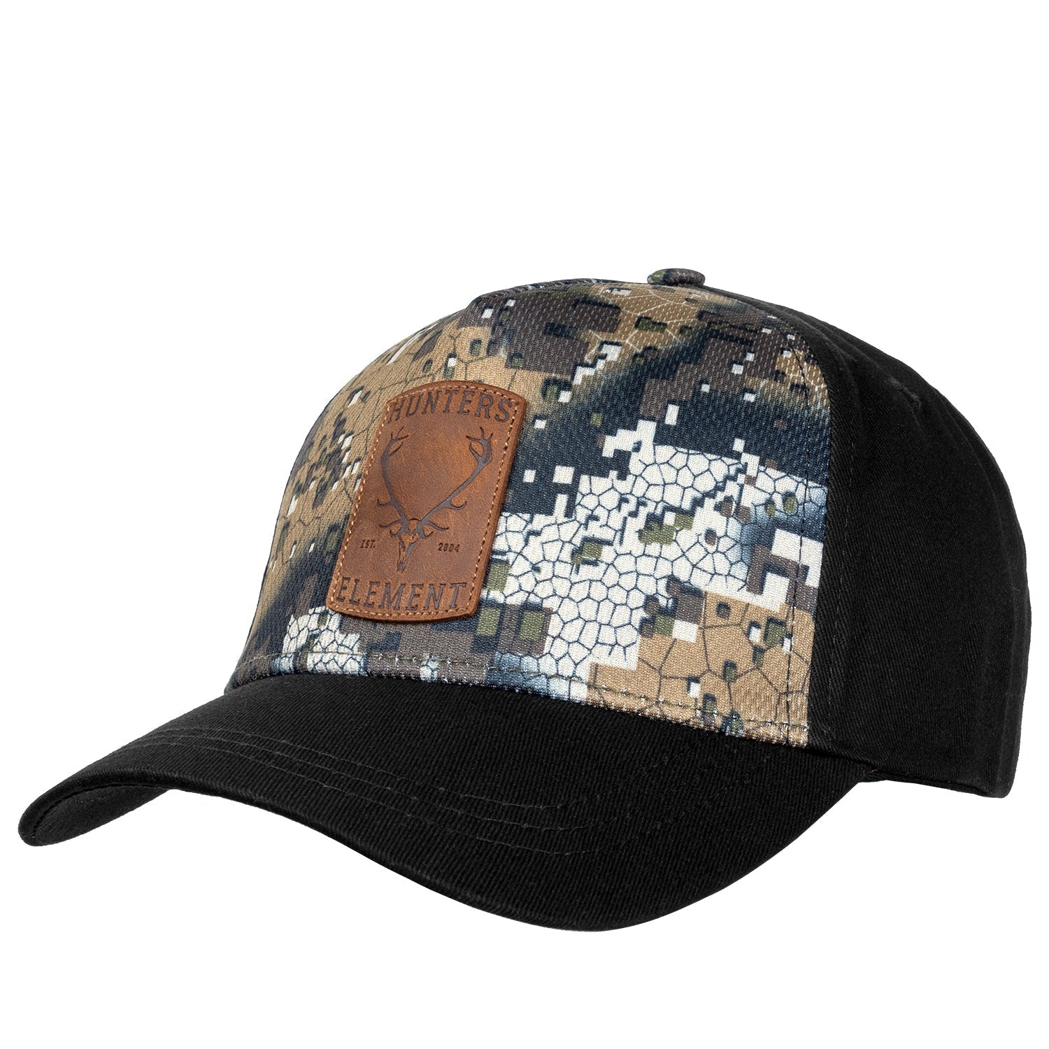 A camouflage cap with a custom embossed leather badge on the front.