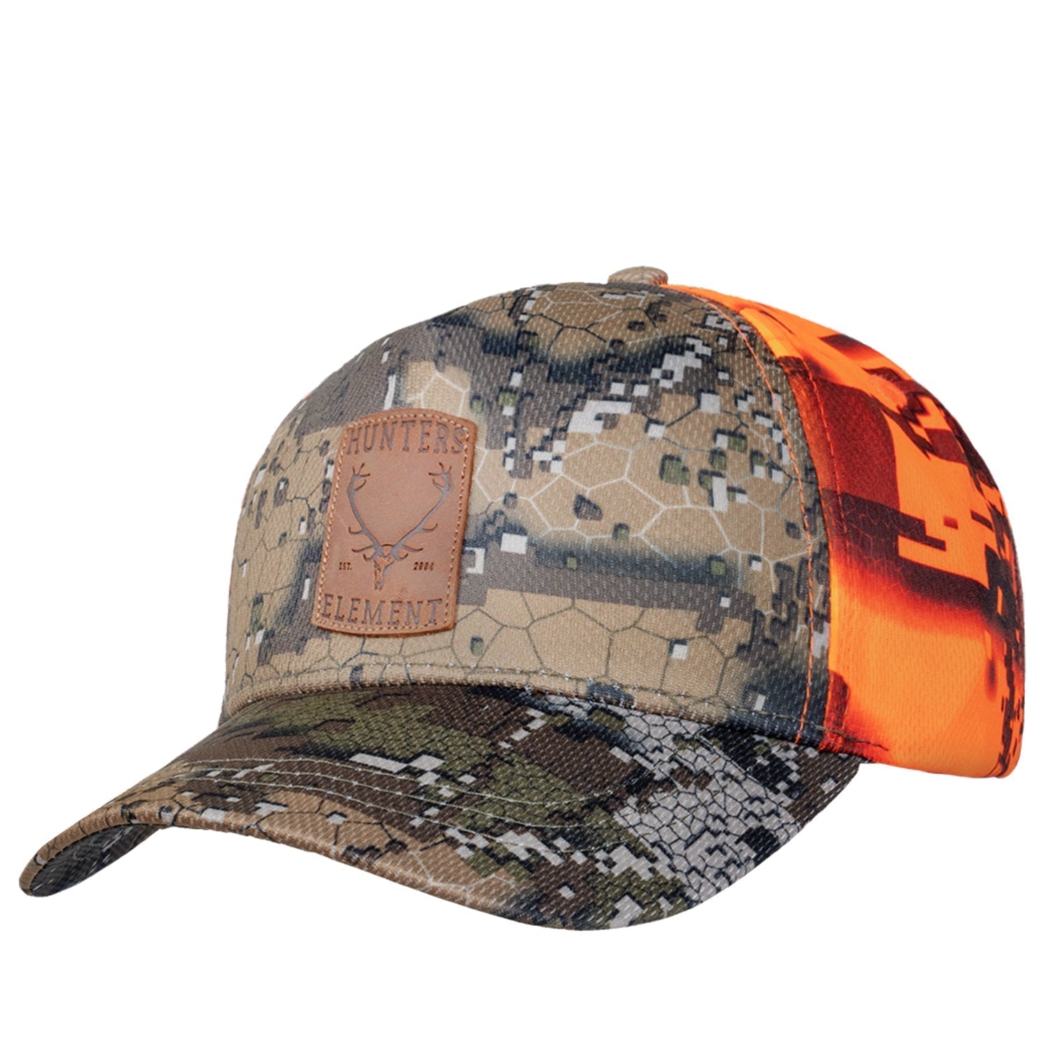 A camouflage cap with a custom embossed leather badge on the front.