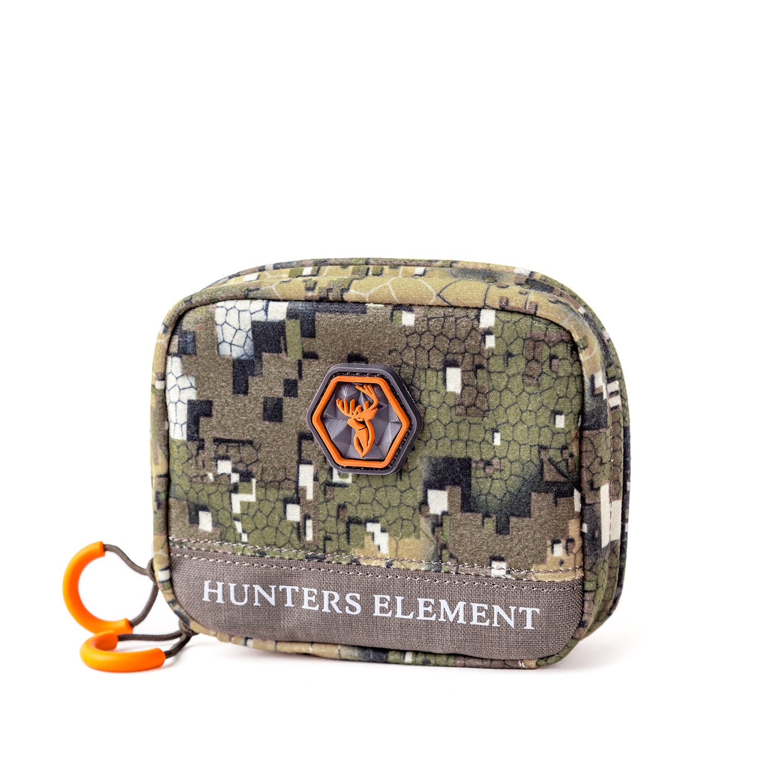 A camouflaged Velocity Ammo Pouch with Hunters Element branding, featuring an orange logo and mesh pockets on the front.
