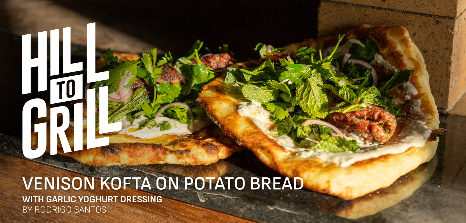 Venison kofta on potato bread with garlic yoghurt