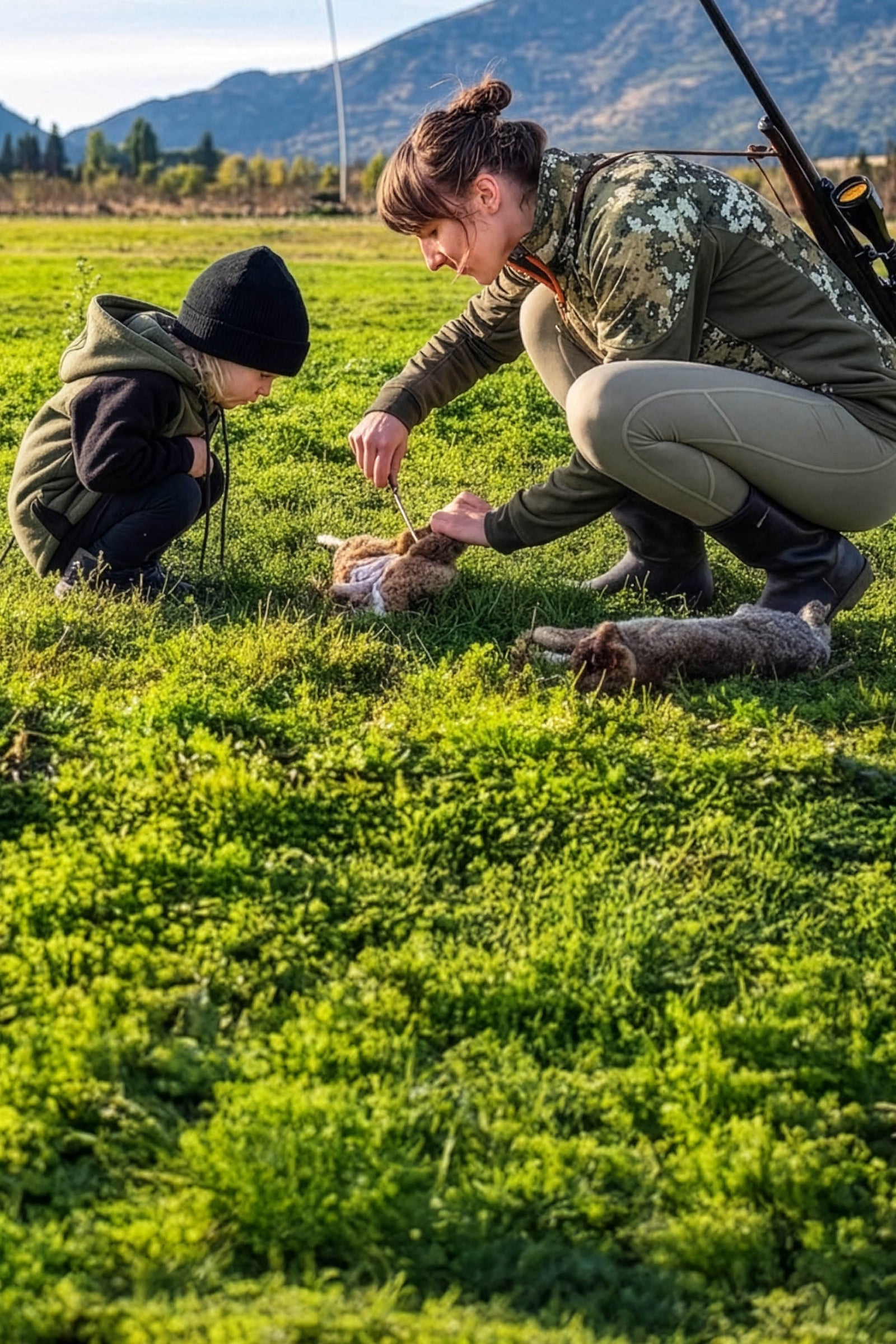 Woman and child in camouflage gear with game in a grassy field