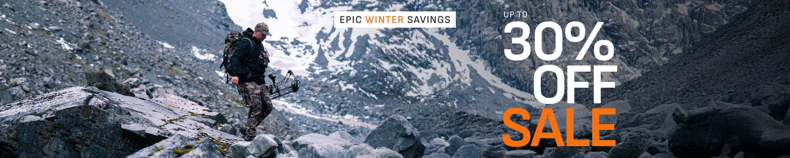Promotional sale graphic over a mountain landscape with a hiker carrying gear. Large text reads 'UP TO 30% OFF SALE' and 'EPIC WINTER SAVINGS'.
