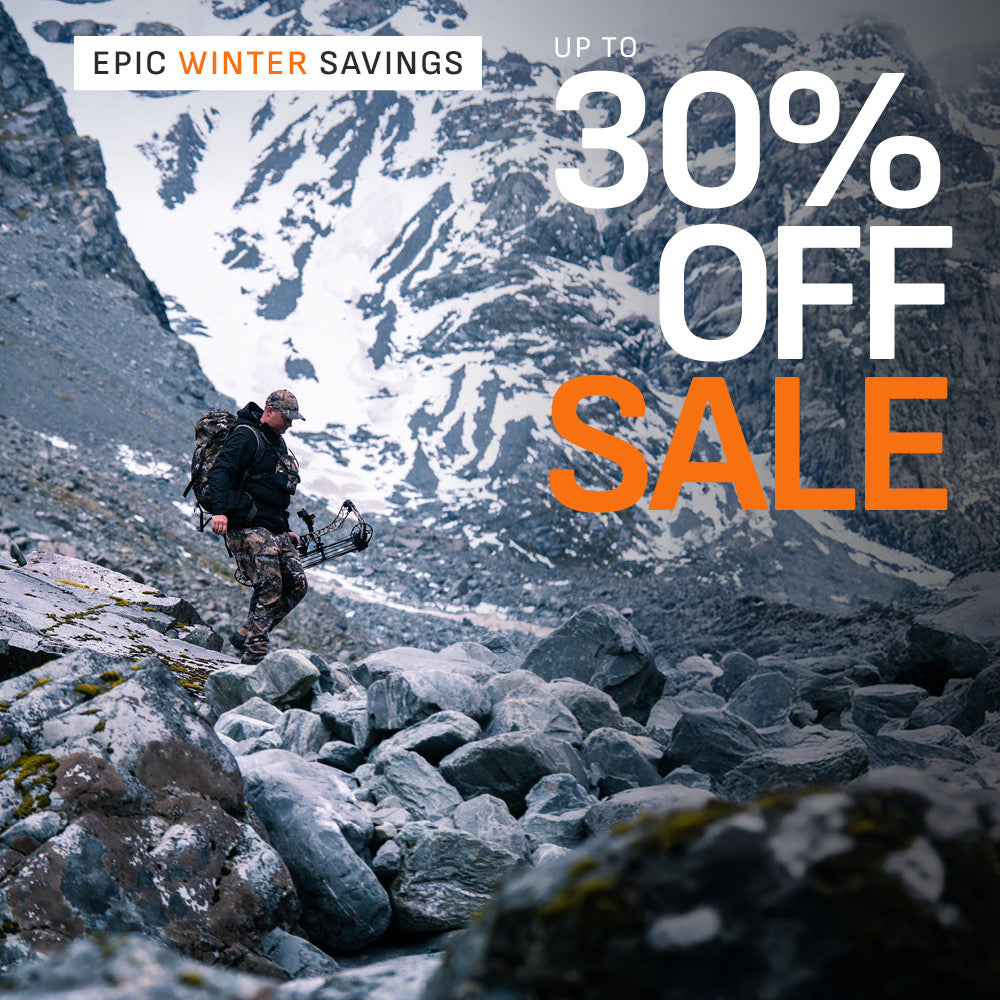 Promotional sale graphic over a mountain landscape with a hiker carrying gear. Large text reads 'UP TO 30% OFF SALE' and 'EPIC WINTER SAVINGS'.