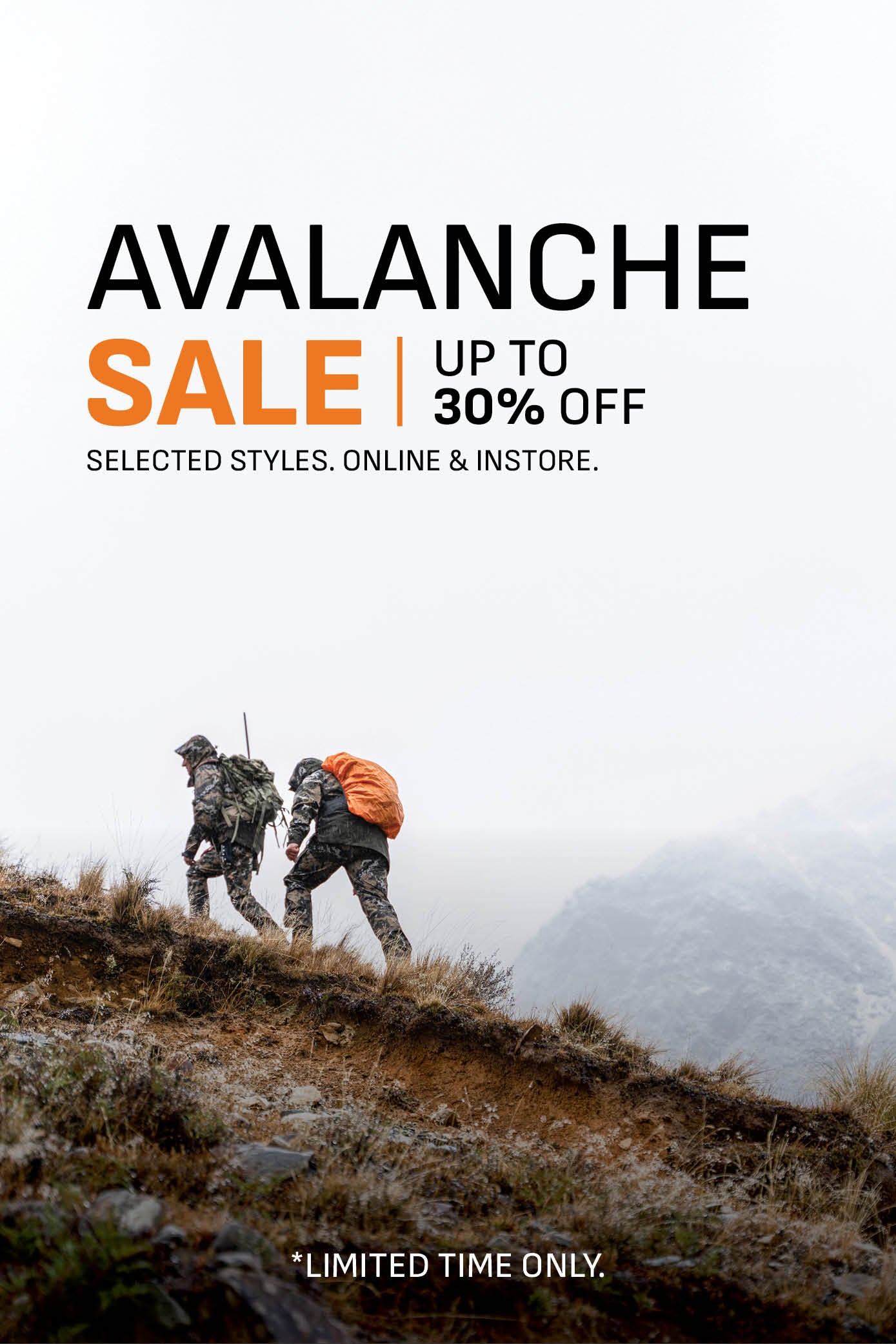 Two people hiking on a mountain with an avalanche sale advertisement overlay.