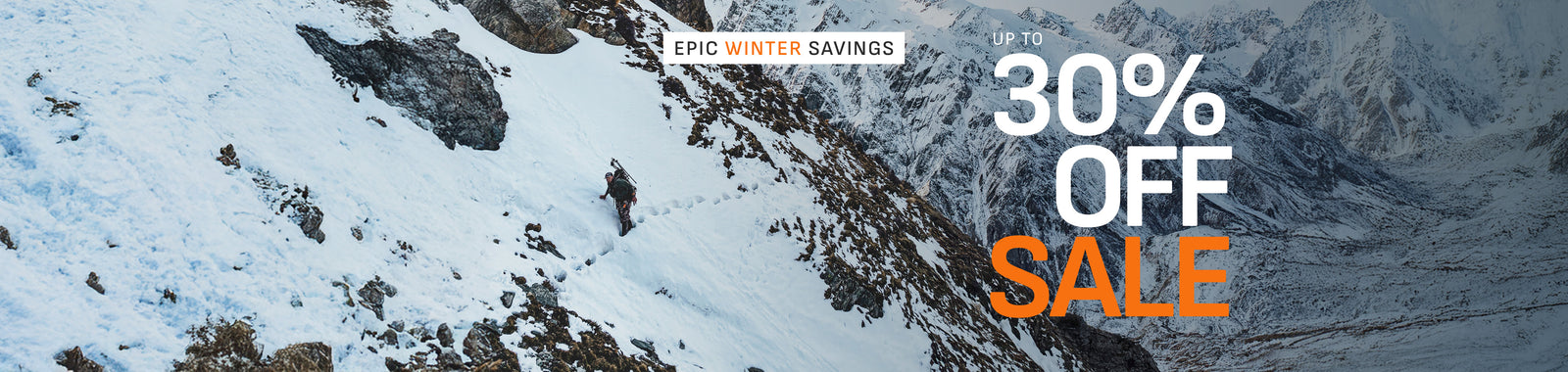 Promotional banner featuring a snowy mountain landscape with a hunter and large sale text reading '30% OFF SALE' on a white background.