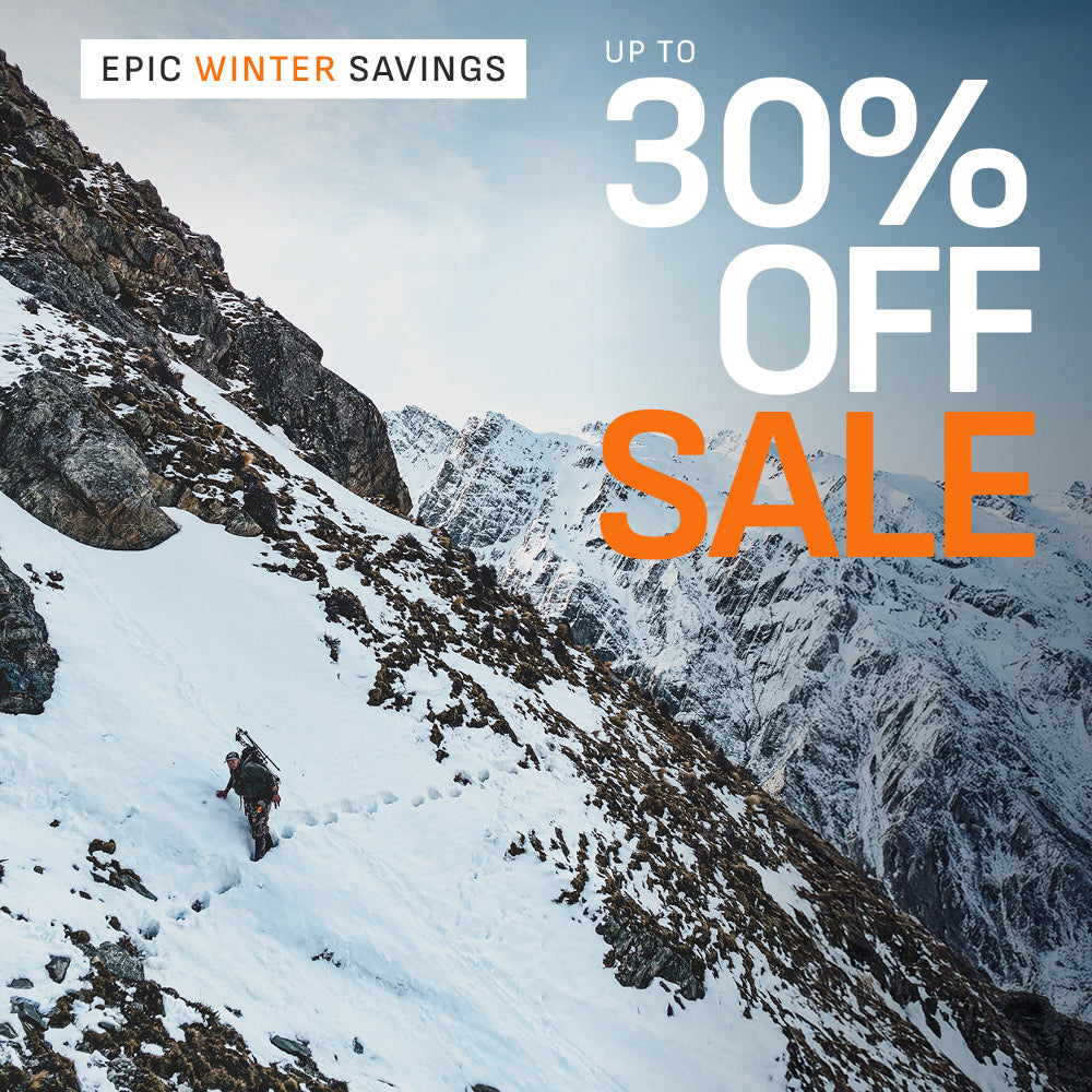 Promotional winter sale graphic with snowy mountain peaks, a small alpine hunter, and large text reading 'EPIC WINTER SAVINGS' and 'UP TO 30% OFF SALE'.