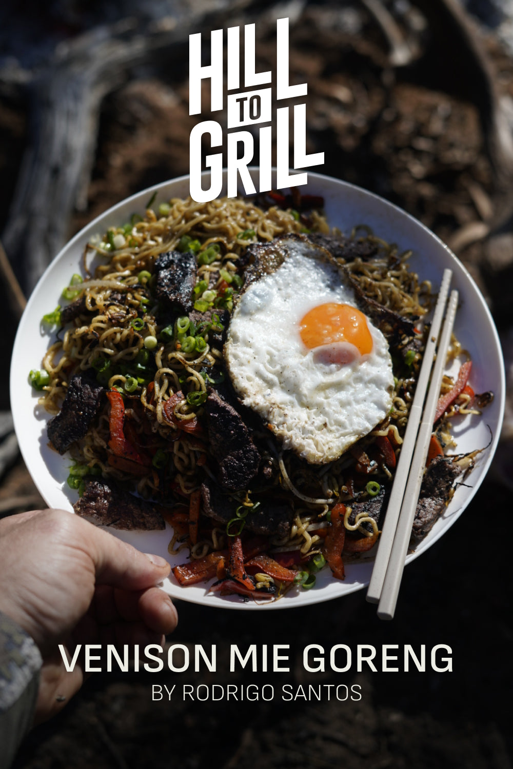 Plate of venison mie goreng with an egg and chopsticks, held by a hand, on a dark background.