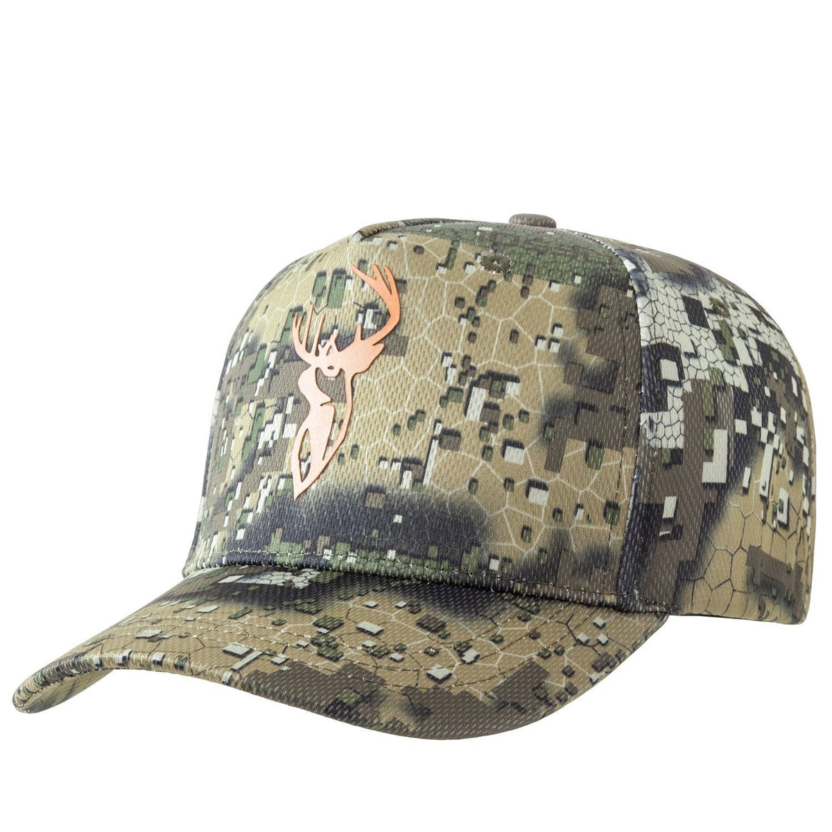 A camouflage cap with a stag (deer) design in the center on a digital pattern background.